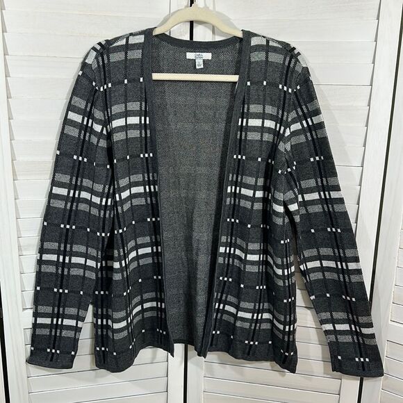 Cardigan Large Croft & Barrow Longline Plaid Black White & Gray - Picture 2 of 15